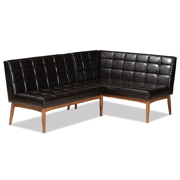 Baxton Studio Sanford Mid-Century Dark Brown Faux Leather and Walnut Brown Wood 2-PC Dining Nook Banquette Set 184-11343-Zoro